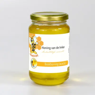 Productfoto Brokhoning van acacia (Nederland) in Glazen pot met deksel 450g