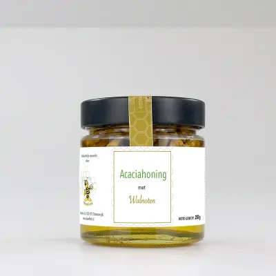 Productfoto Acaciahoning met walnoten (Moldavië) in Glazen pot met deksel 250g