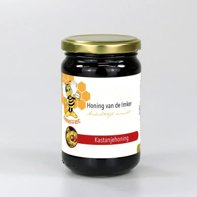 Productfoto Kastanjehoning, Pure rauwe honing (Spanje) in Glazen pot met deksel 350g