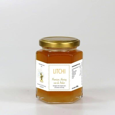 Productfoto Litchihoning, Pure rauwe honing (Madagascar) in Luxe Hexa Glazen pot met deksel 250g