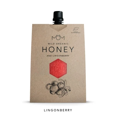 Productfoto MÖM Wild Organic Honing Lingonberry in Zak met hersluitbare dop 200g