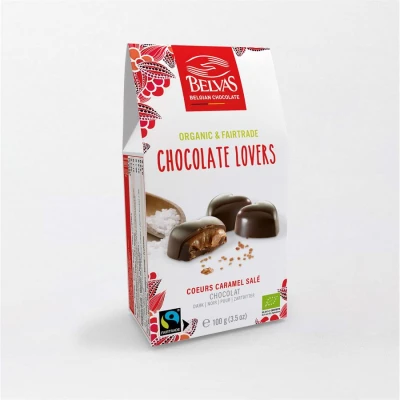 Productfoto Gezouten caramel hartjes 100 gram zwarte chocolade72%