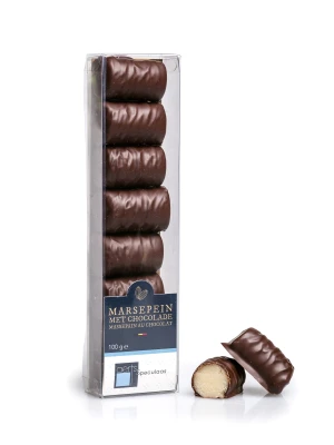 Productfoto Marsepein met chocolade omhulde pralines van Aerts